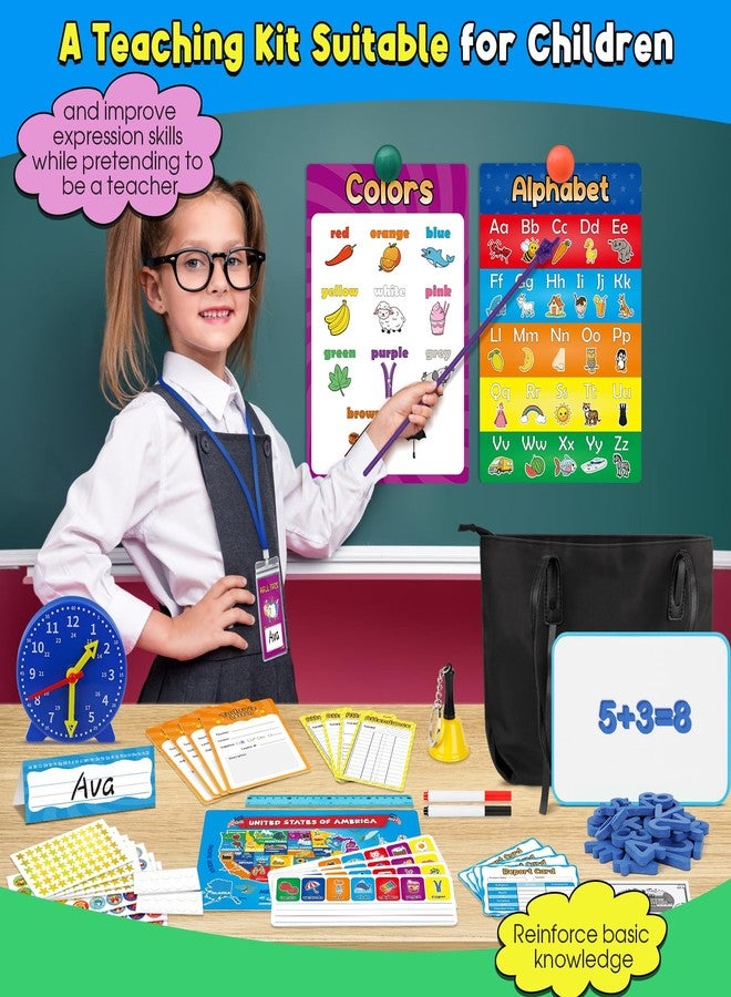 SkilLify Pretend Play Teacher Set for Kids, Classroom Role Playset with Whiteboard, Magnetic Numbers, Alphabet Posters, USA Maps, Money Games, Teacher Supplies Educational Toys Gift for Boys Girls - Image 2